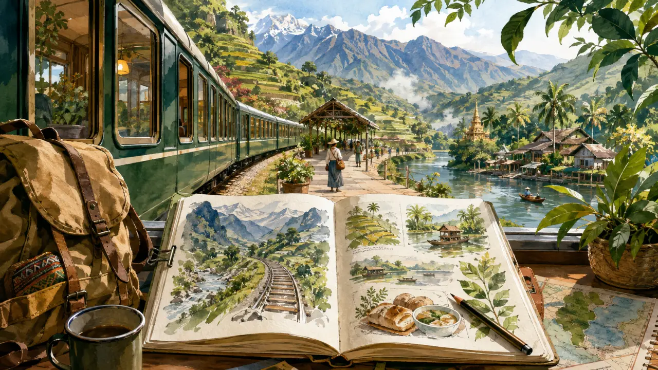 Bureau de voyage en bois avec carnet ouvert, aquarelle de montagne, boussole et stylos