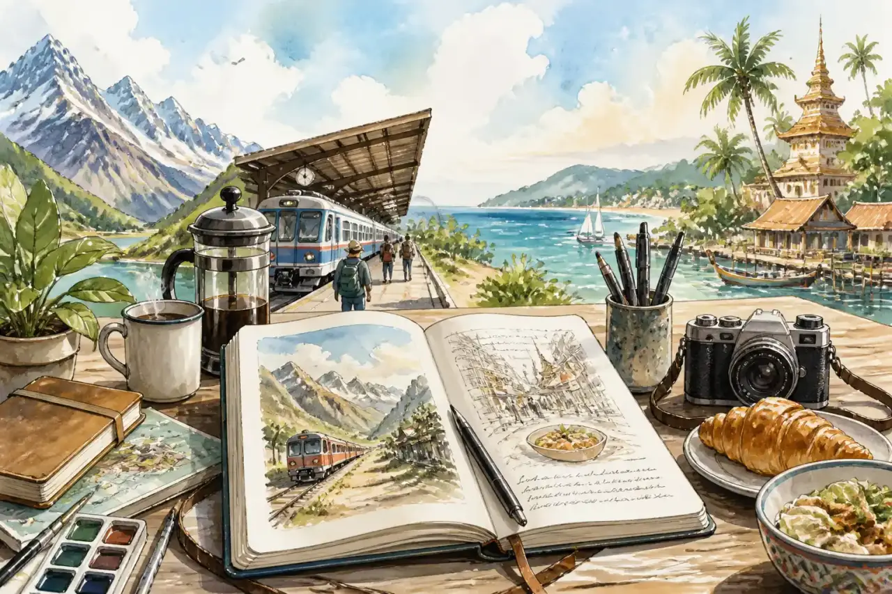 Carnet de voyage ouvert sur une table en bois avec du matériel de dessin