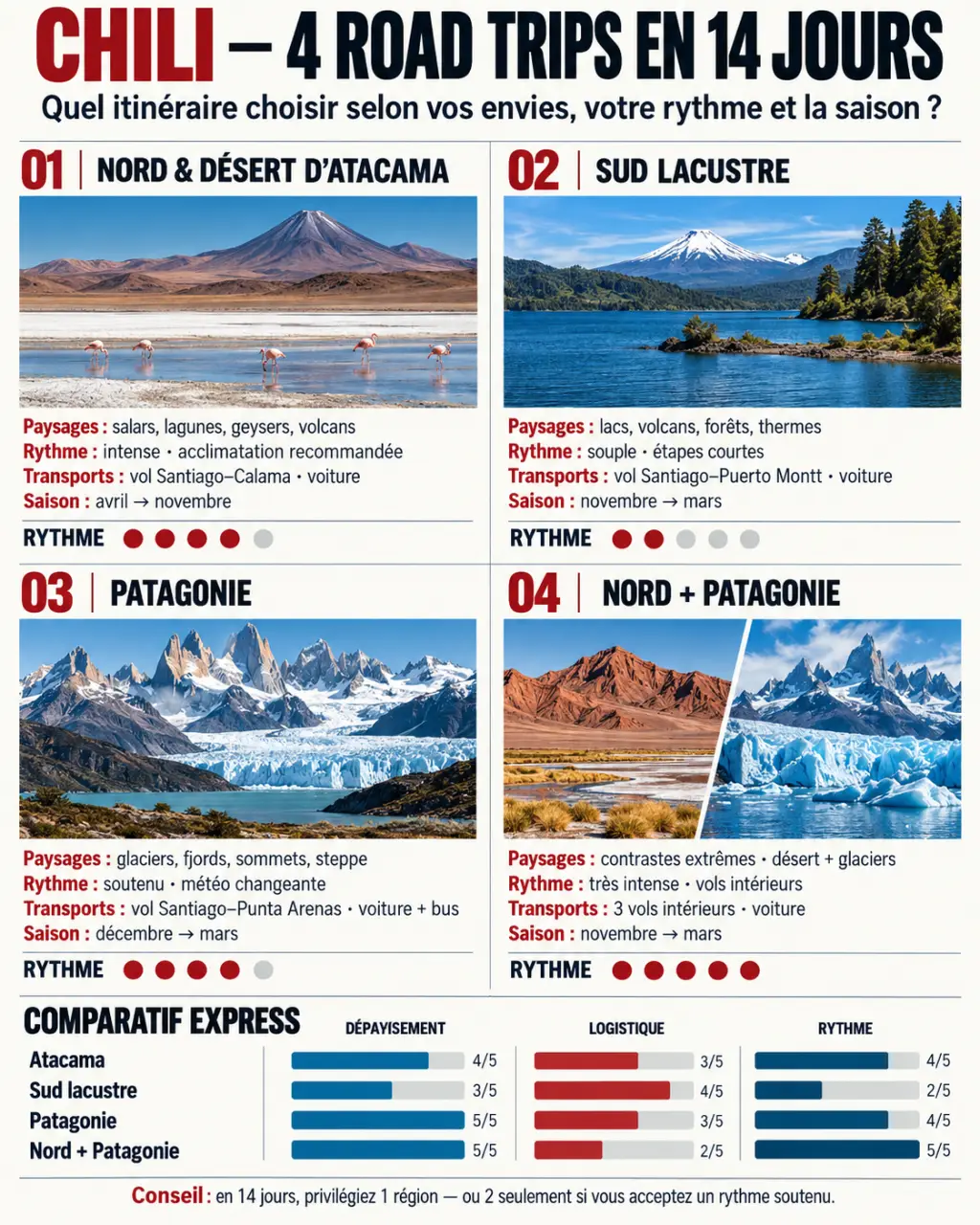 Infographie pour un road trip Chili 2 semaines comparant le Nord, le Sud, la Patagonie et un itinéraire combiné