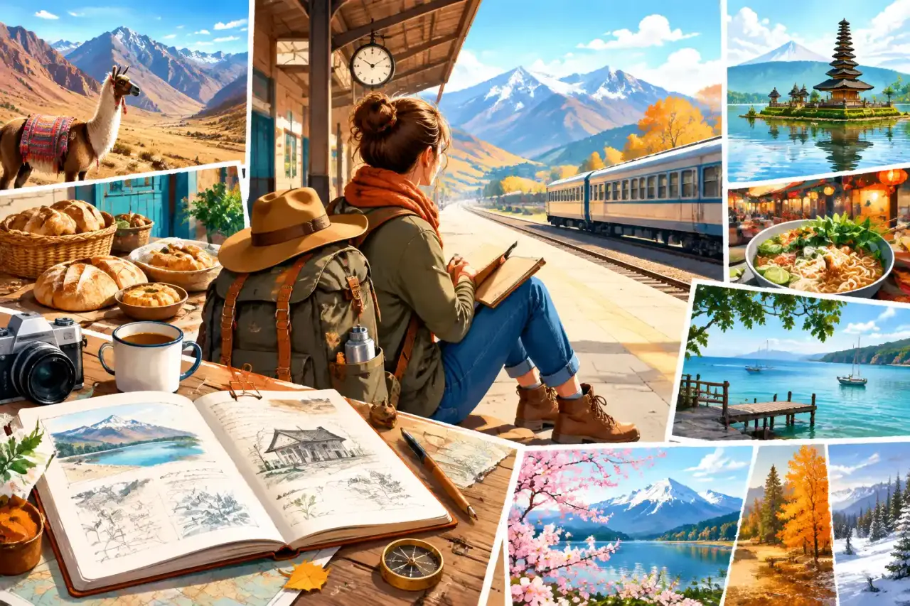 Carnet ouvert et paysage observé depuis une fenêtre de train