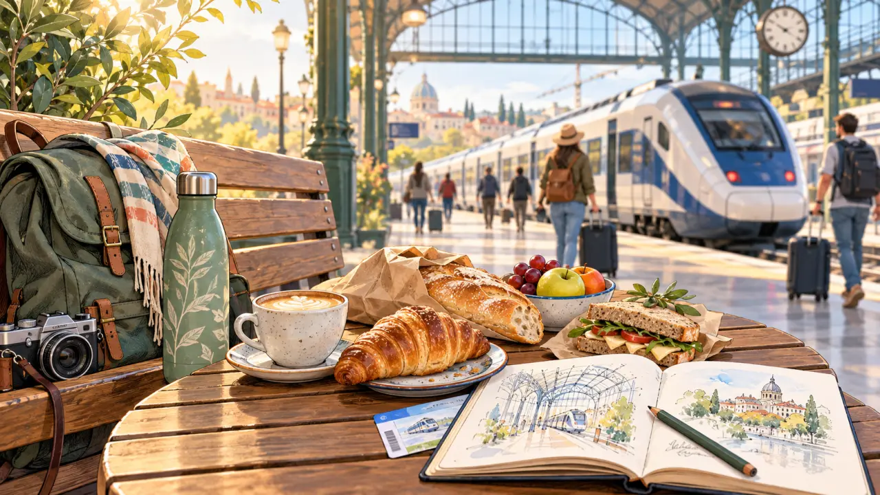 Table gourmande dans une gare avec un carnet de voyage, une viennoiserie et une tasse de café