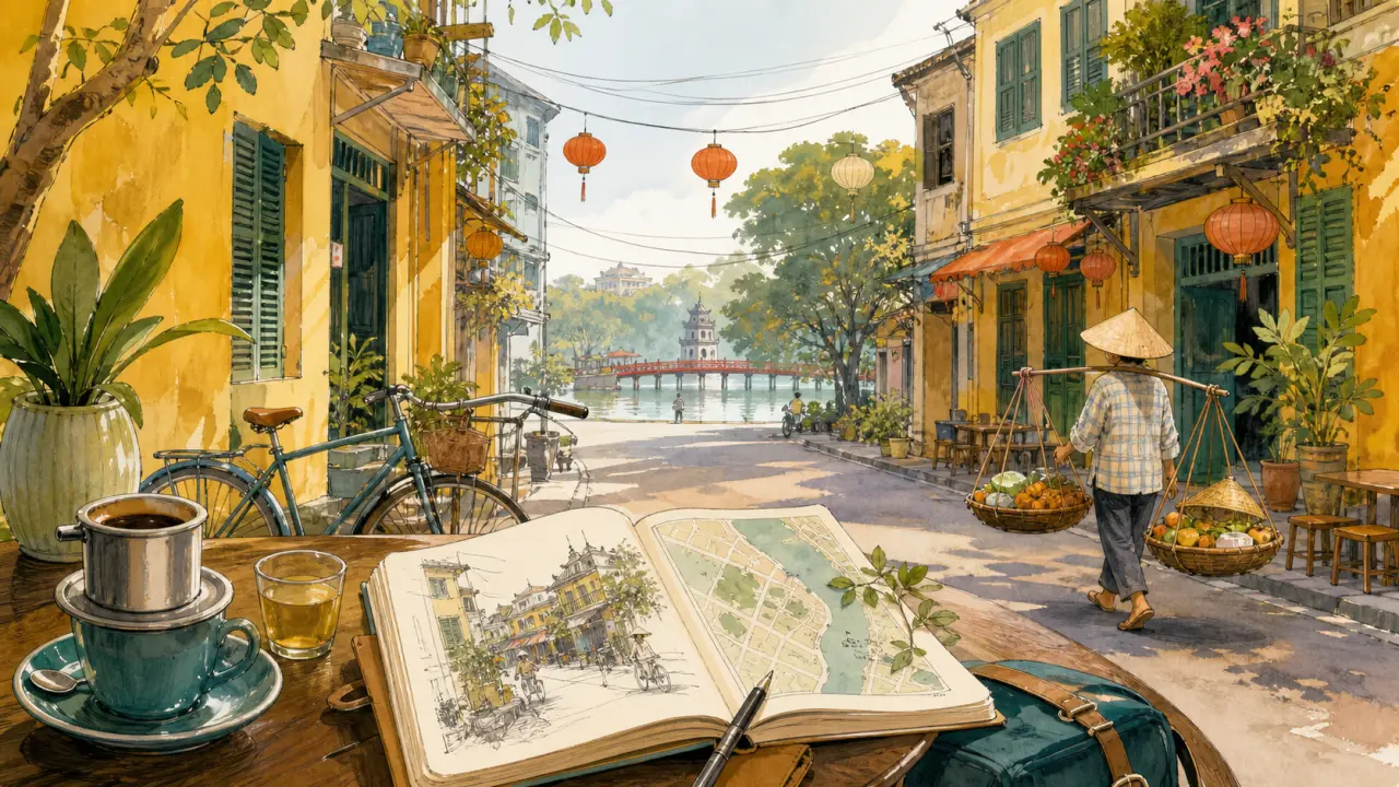 Vue d'un bureau de voyage avec carnet ouvert et ambiance aquarelle