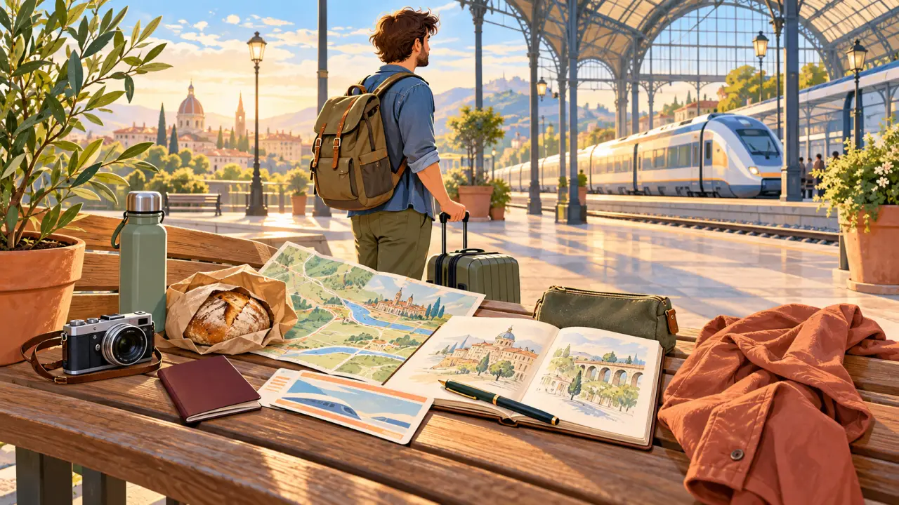 Carnet de voyage ouvert près d'un sac à dos avant un départ en train