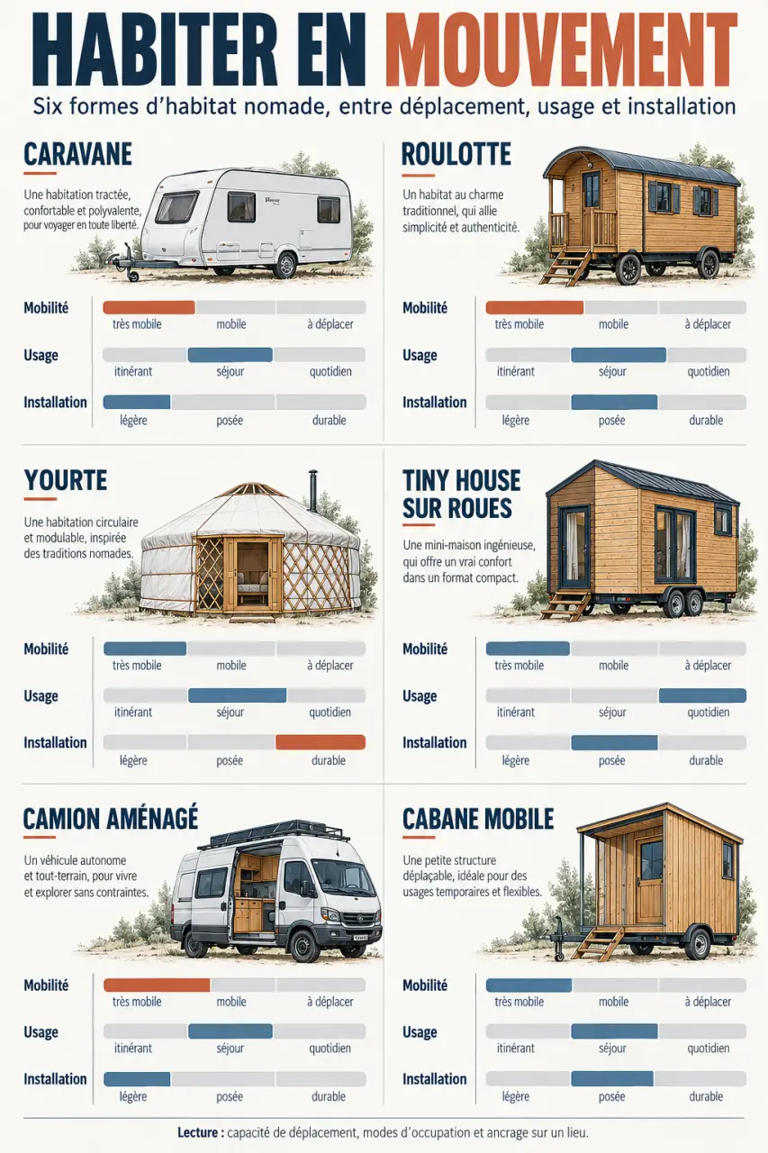 Infographie comparative des principales formes d’habitat nomade