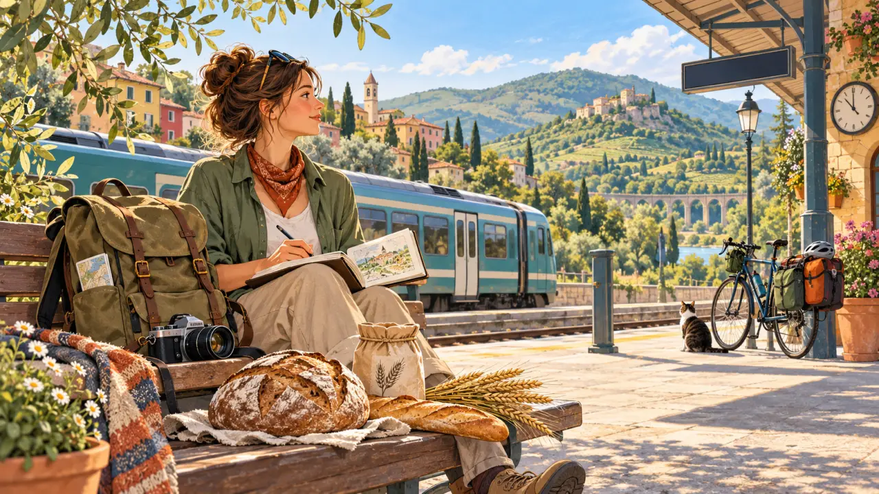 Pain artisanal posé sur un carnet de voyage, avec une carte et des ustensiles de dessin