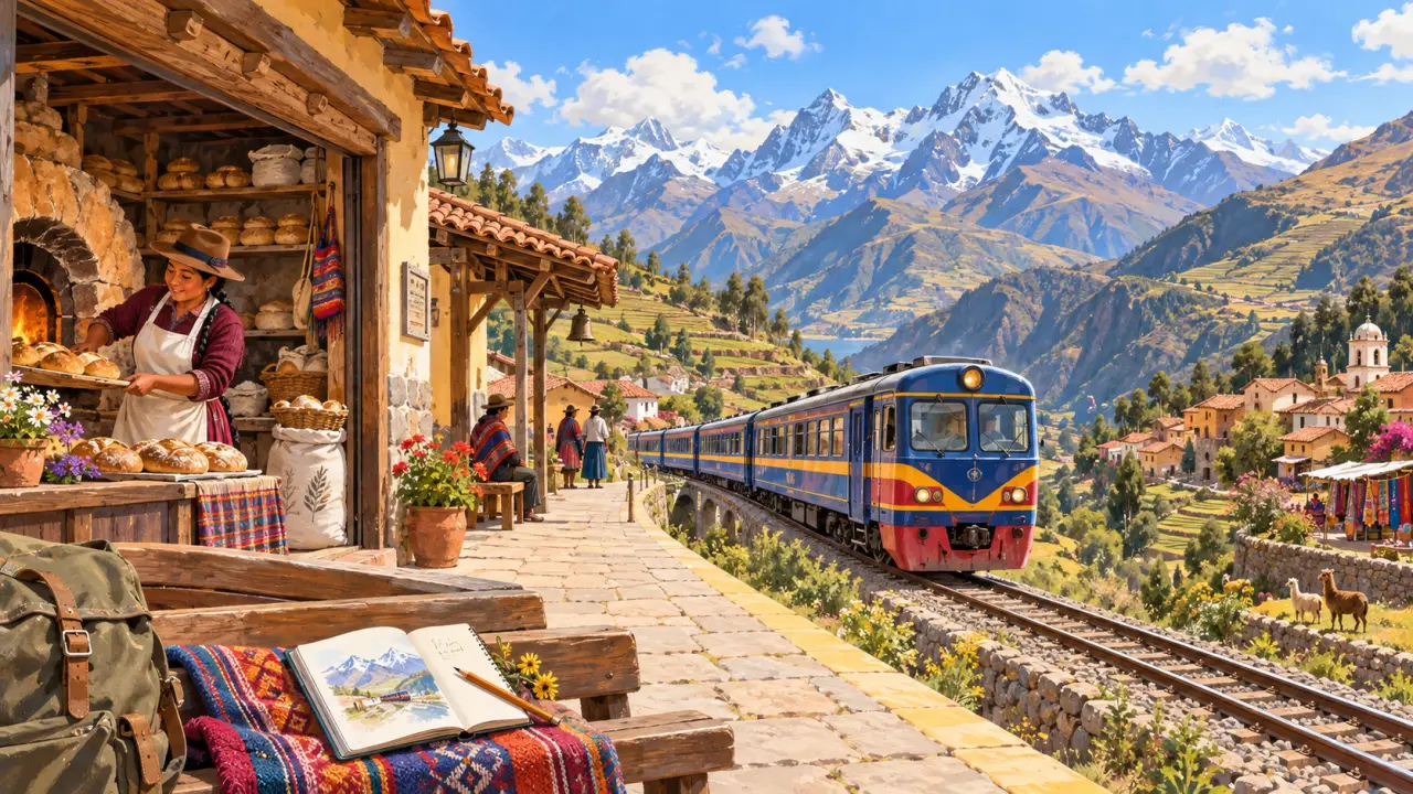 Train traversant un paysage de montagne dans les Andes, près d'un village et d'un fournil