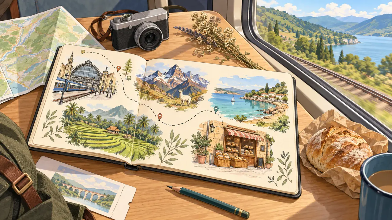 Carnet de voyage ouvert sur une carte dessinée à l'aquarelle