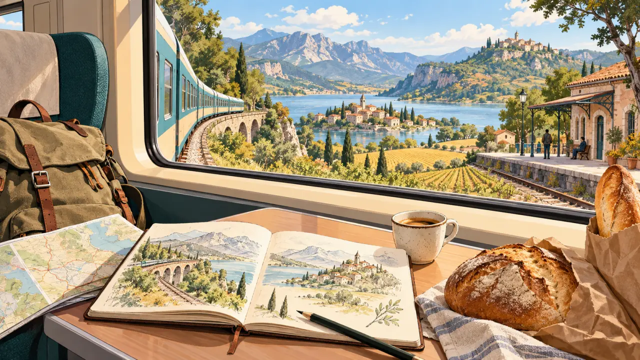 Carnet de voyage ouvert près d'une fenêtre de train, avec du pain artisanal et des croquis