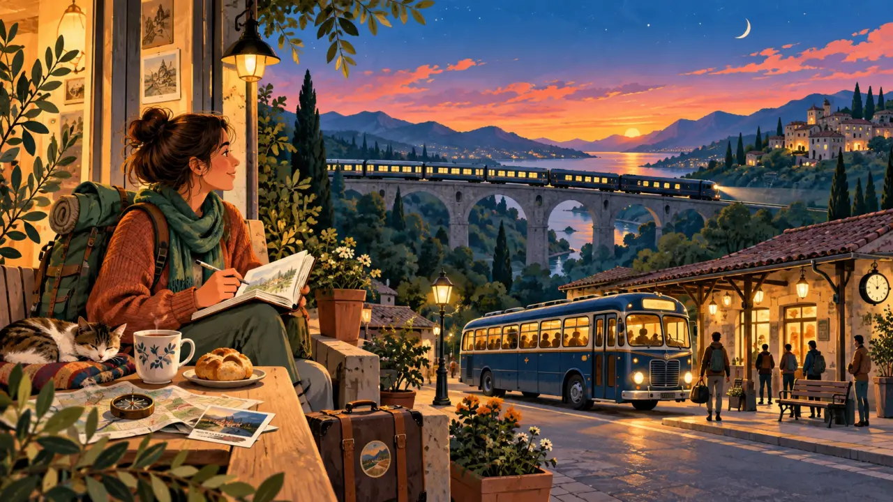 Voyageur dessinant dans un train de nuit, entre montagnes et lumières de gare