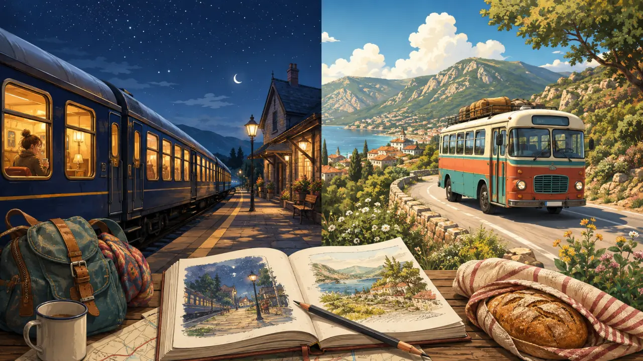 Illustration d’un bureau de voyage avec carnet ouvert et carte peinte à l’aquarelle