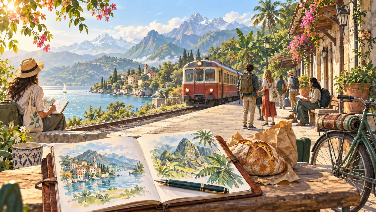 Bureau de voyage avec carnet de croquis, aquarelle et objets glanés en chemin