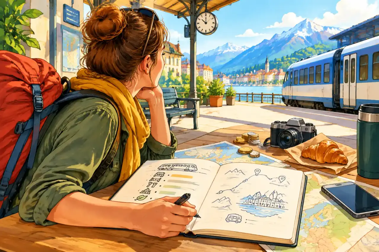 Carnet ouvert et billets de train sur une table de voyage