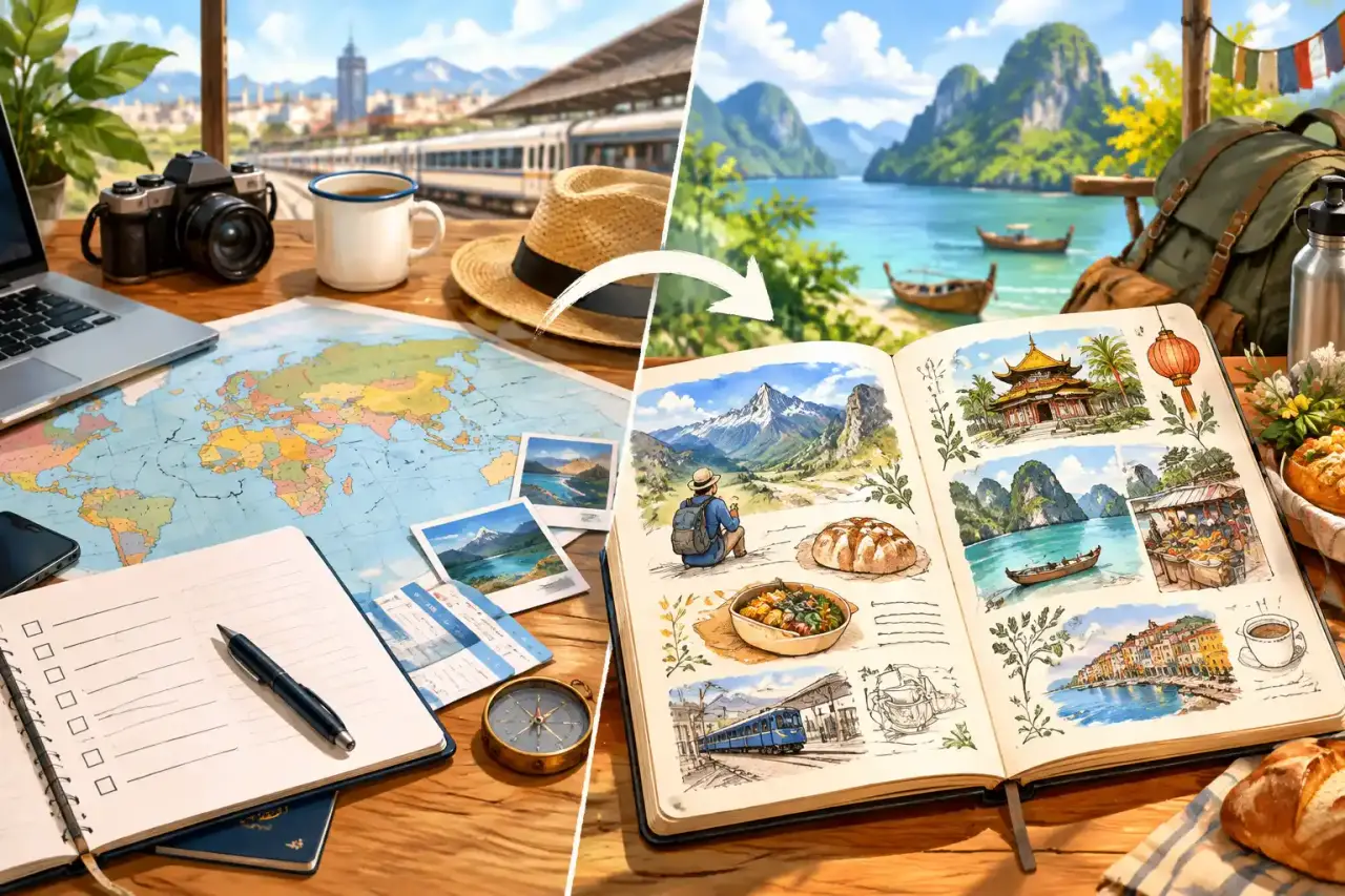 Carnet de voyage ouvert sur un bureau, avec une carte dessinée, des pinceaux et des traces d'itinéraire