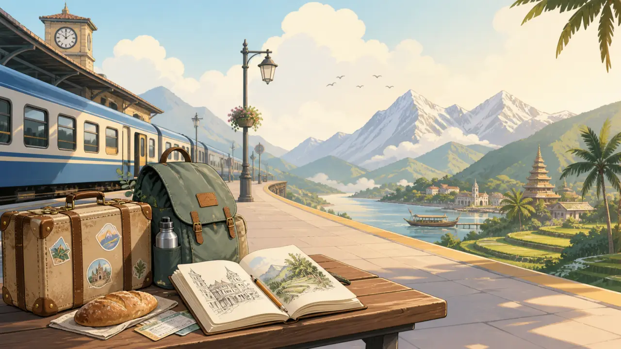 Bureau de voyage vu du dessus avec carnet ouvert, carte, stylos et lumière chaude