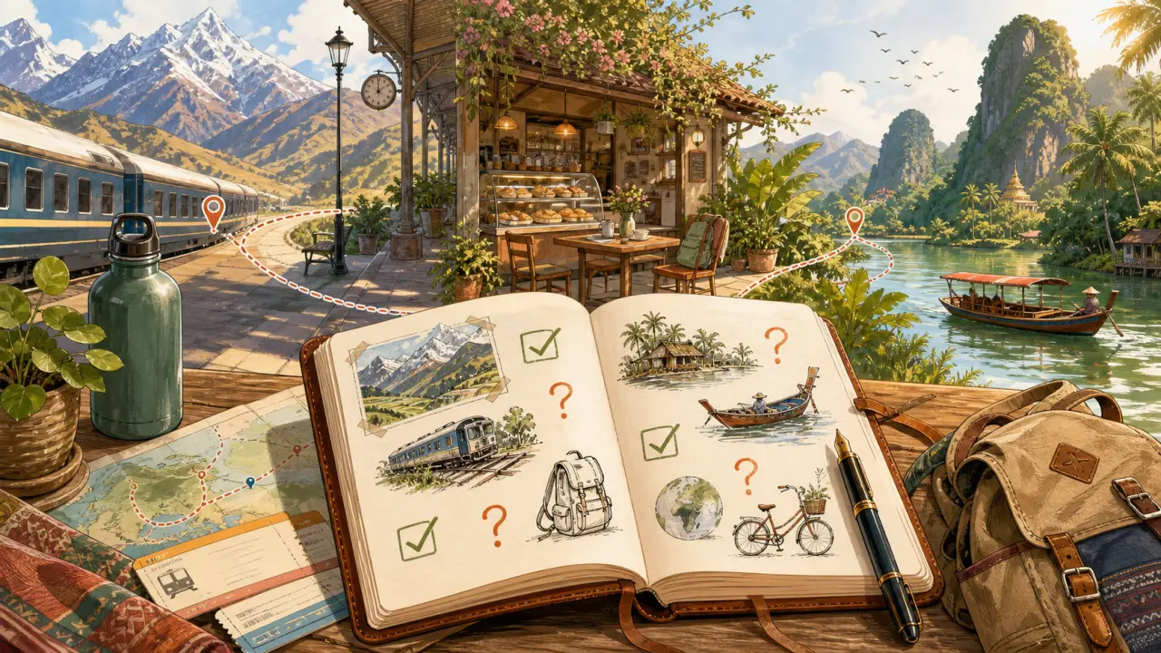 Bureau de voyage avec carnet ouvert, carte, encre et paysage peint à l’aquarelle