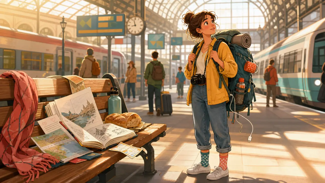Vue d'un bureau de voyage avec carnet ouvert, carte aquarellée, boussole et stylos