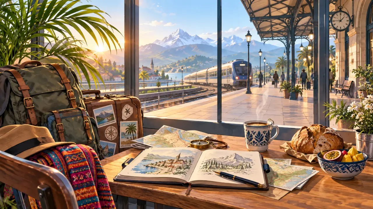 Bureau de voyage avec carnet ouvert, pinceaux et paysage de montagne aquarellé