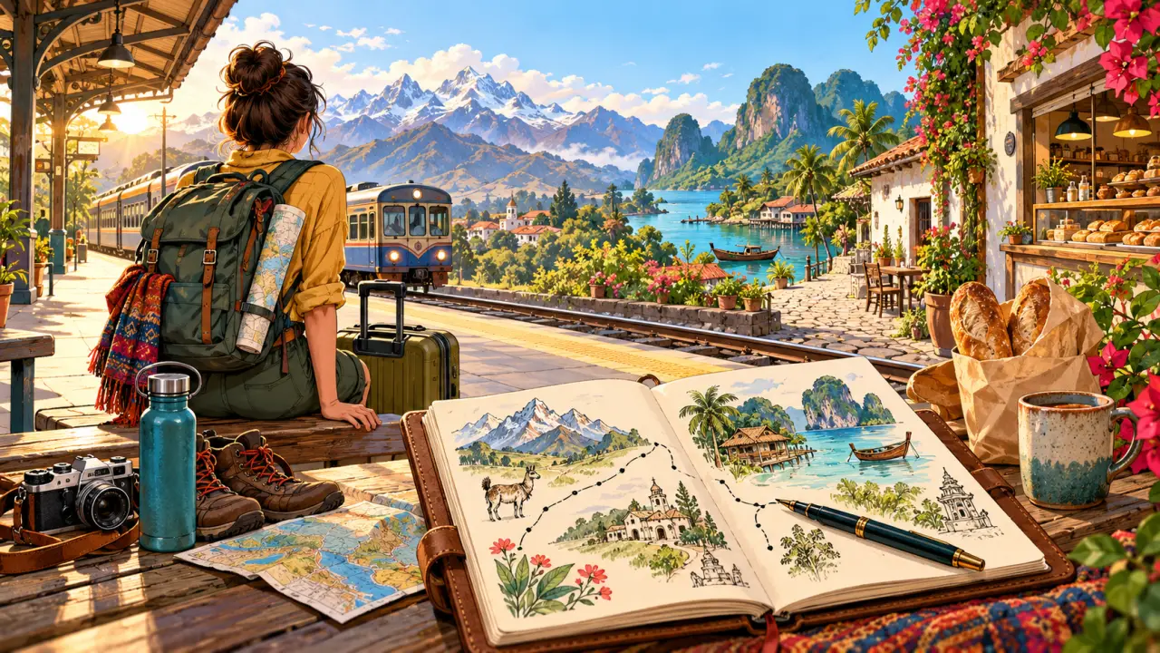Carnet ouvert et matériel de voyage sur un bureau, évoquant une vie nomade