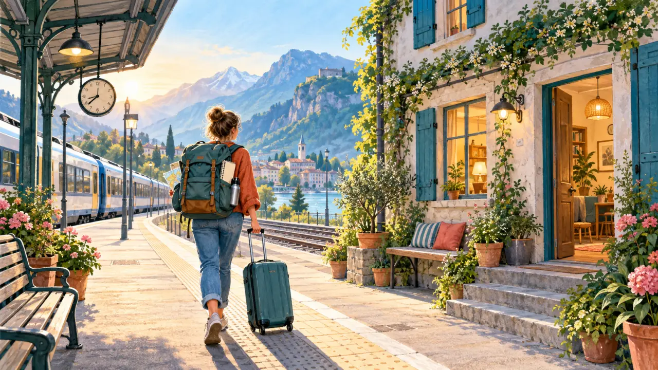 Carnet de voyage posé près d'une gare, avec un sac et une tasse de café